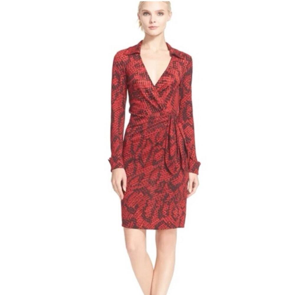 Diane von Furstenberg Savannah red snake python faux wrap silk dress size‎ 4